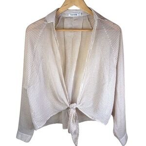 Farrow Womens Gingham Open Front Tie Blouse Long Sleeve Size Small Beige Y2K‎